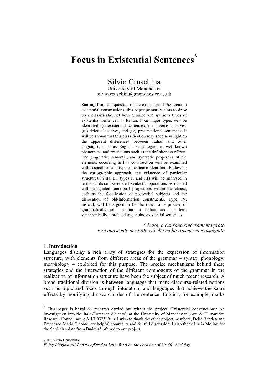 Focus in Existential Sentences*