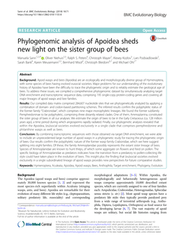 Phylogenomic Analysis of Apoidea Sheds New Light on the Sister Group of Bees Manuela Sann1,2,3* , Oliver Niehuis2,3, Ralph S