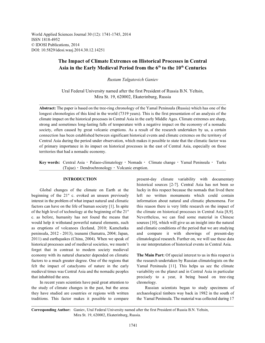 The Impact of Climate Extremes on Historical Processes in Central Asia in the Early Medieval Period from the 6Th to the 10Th Centuries