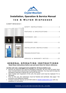 Installation, Operation & Service Manual Ice & Water Dispenser