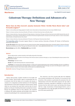 Colostrum Therapy: Definitions and Advances of a New Therapy