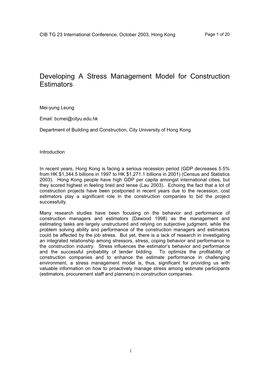 Developing a Stress Management Model for Construction Estimators