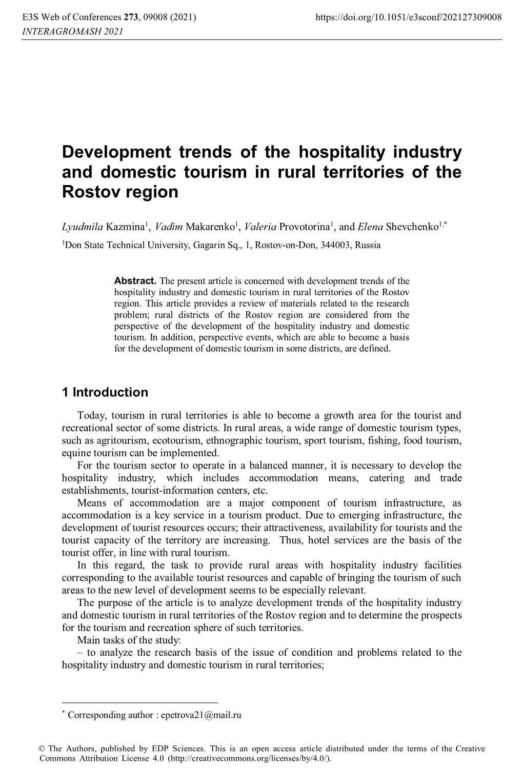 Development Trends of the Hospitality Industry and Domestic Tourism in Rural Territories of the Rostov Region