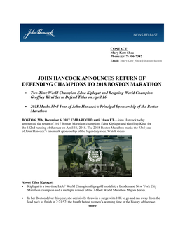 John Hancock Announces Return of Defending Champions to 2018 Boston Marathon