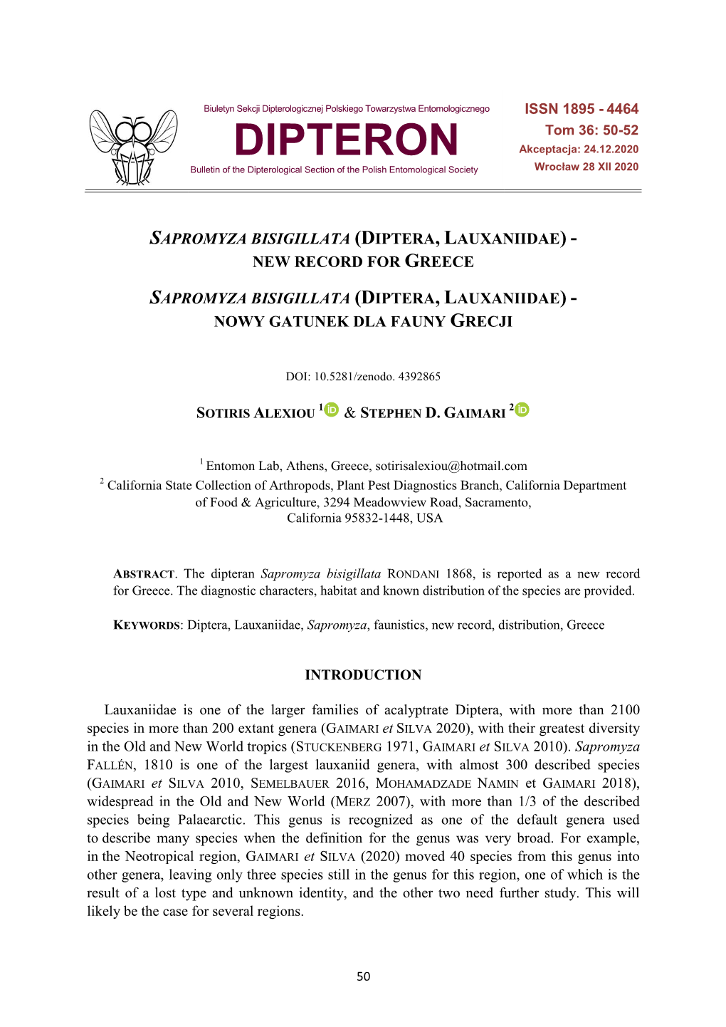DIPTERON Akceptacja: 24.12.2020 Bulletin of the Dipterological Section of the Polish Entomological Society Wrocław 28 XII 2020