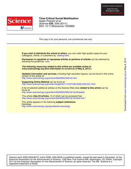 DOI: 10.1126/Science.1205869 , 509 (2011); 334 Science Et Al. Galen Pickard Time-Critical Social Mobilization