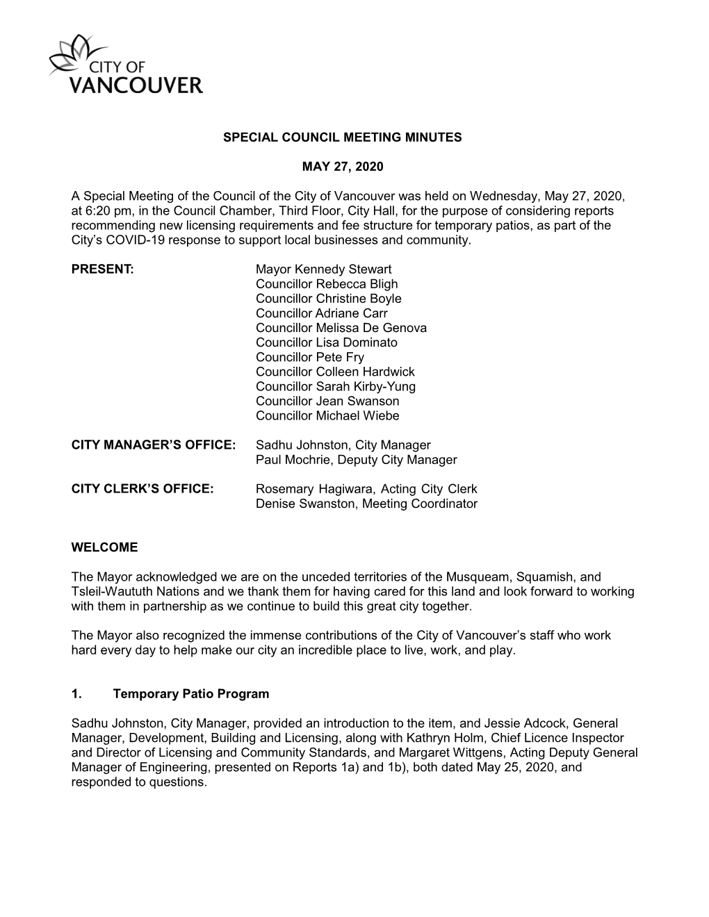 Special Council Meeting Minutes