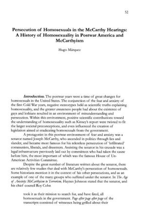 Persecution of Homosexuals in the Mccarthy Hearings: a History of Homosexuality in Postwar America and Mccarthyism