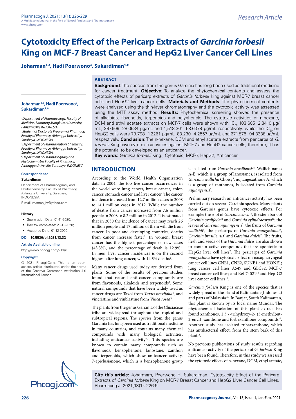 Phcogj.Com Cytotoxicity Effect of the Pericarp Extracts of Garcinia