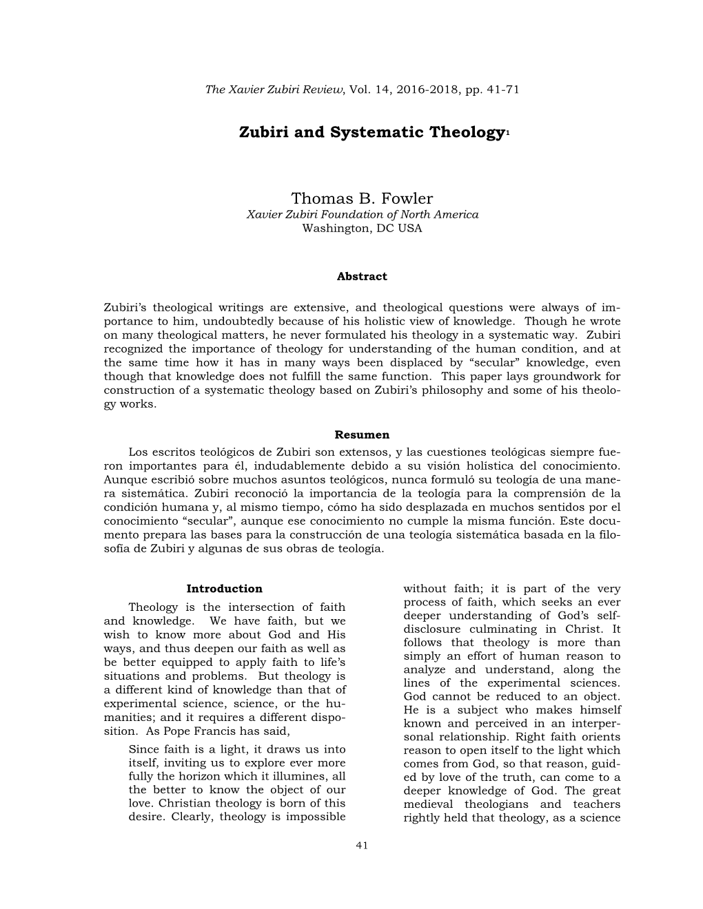 Zubiri and Systematic Theology1 Thomas B. Fowler