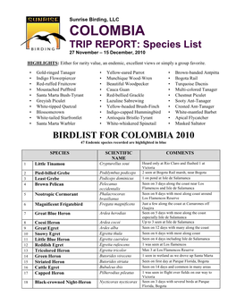 Species List 27 November – 15 December, 2010