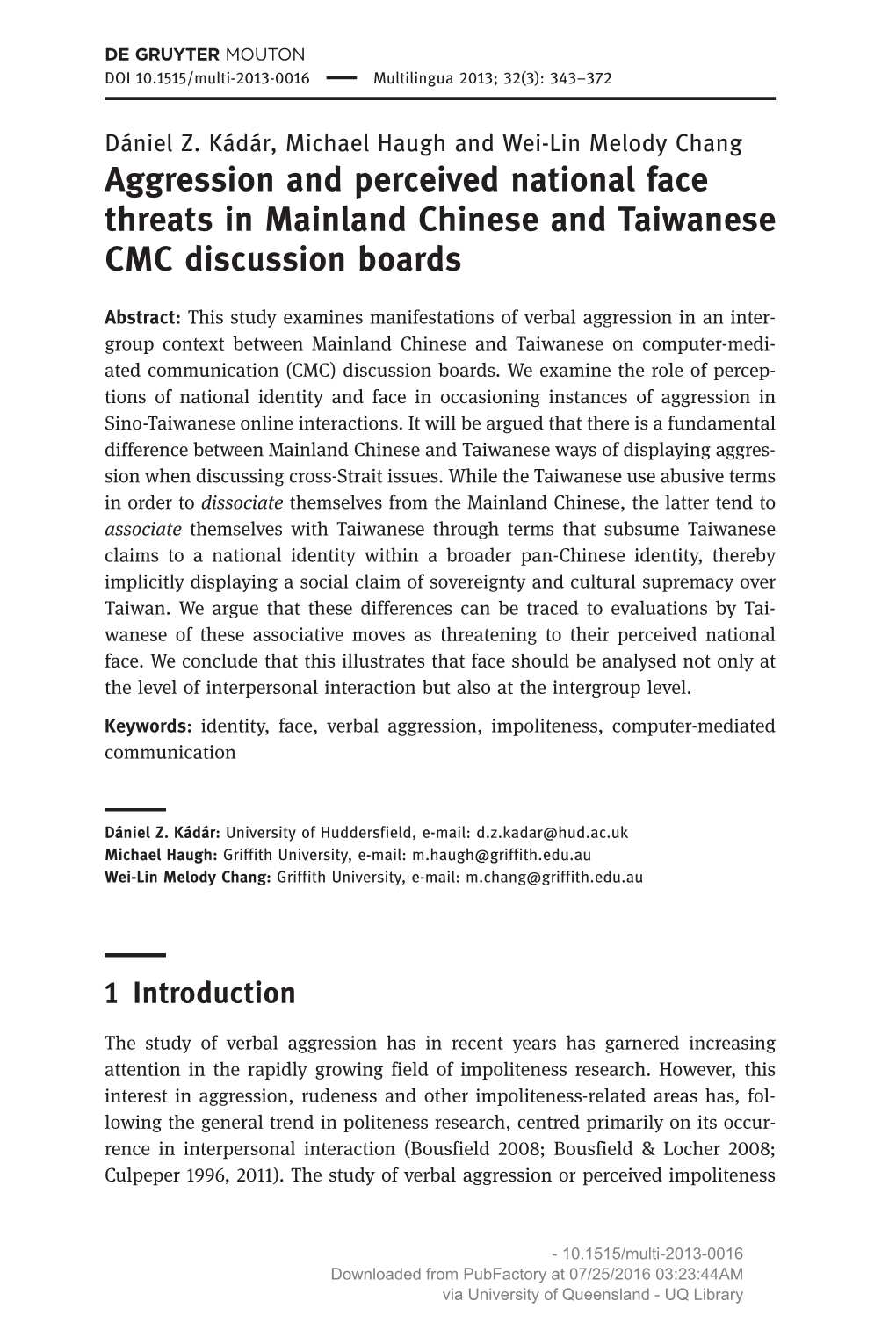 Aggression and Perceived National Face Threats in Mainland Chinese and Taiwanese CMC Discussion Boards