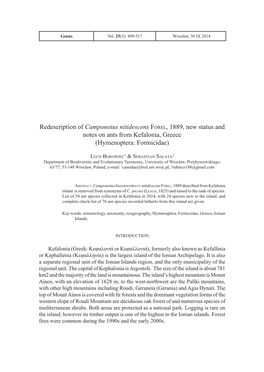 Redescription of Camponotus Nitidescens Forel, 1889, New Status and Notes on Ants from Kefalonia, Greece (Hymenoptera: Formicidae)