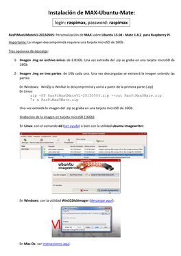 Instalación De MAX-Ubuntu-Mate: Login: Raspimax, Password: Raspimax