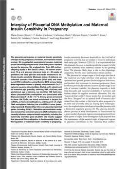 Interplay of Placental DNA Methylation and Maternal Insulin Sensitivity in Pregnancy