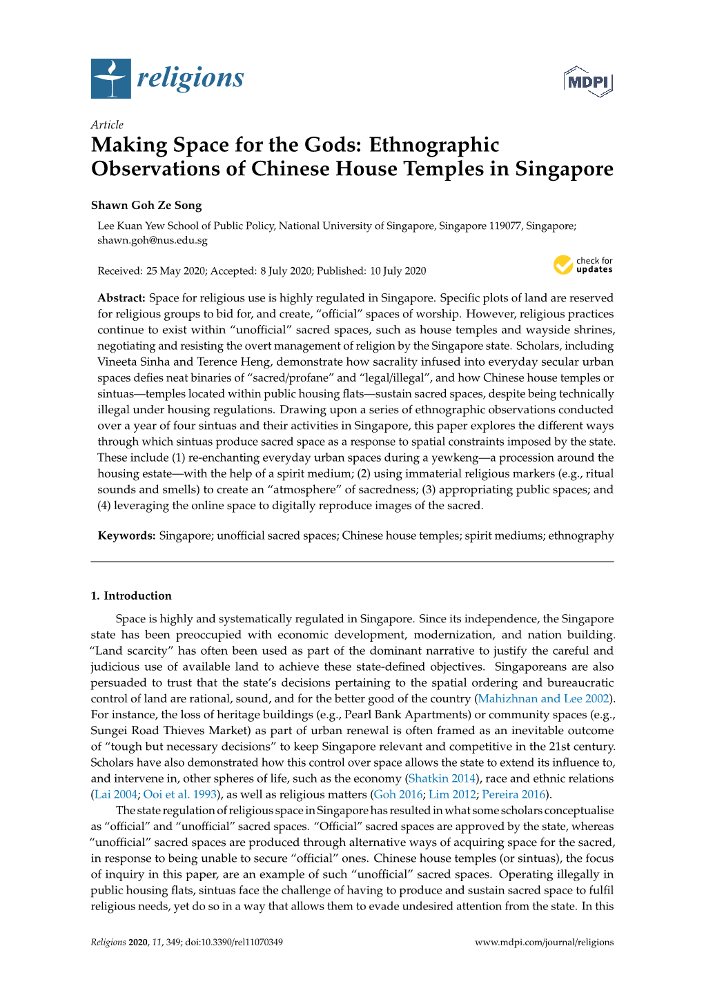 Ethnographic Observations of Chinese House Temples in Singapore