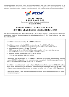 PCCW Limited ANNUAL RESULTS ANNOUNCEMENT for the YEAR