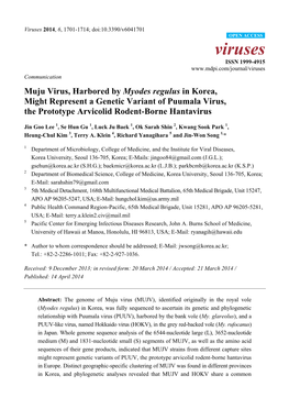 Muju Virus, Harbored by Myodes Regulus in Korea, Might Represent a Genetic Variant of Puumala Virus, the Prototype Arvicolid Rodent-Borne Hantavirus