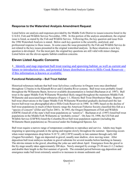 Response to Watershed Analysis Amendment Request