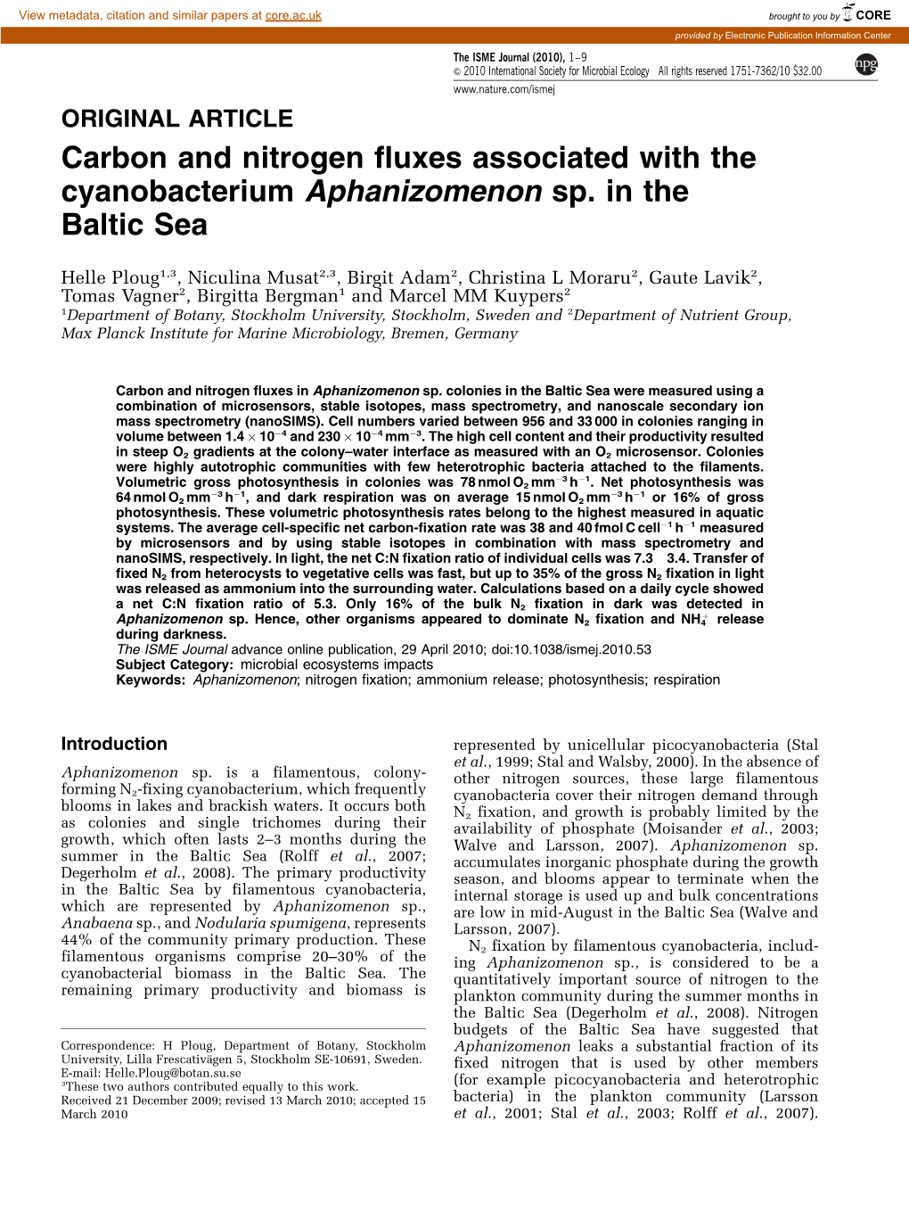Carbon and Nitrogen Fluxes Associated with the Cyanobacterium Aphanizomenon Sp