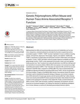 Genetic Polymorphisms Affect Mouse and Human Trace Amine-Associated Receptor 1 Function