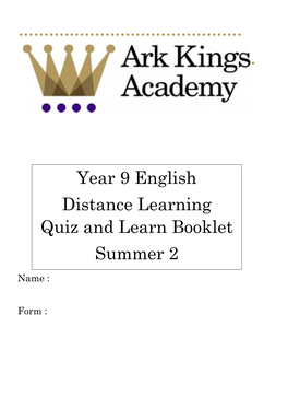 Year 9 English Distance Learning Quiz and Learn Booklet Summer 2
