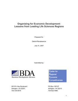 Organizing for Economic Development: Lessons from Leading Life Sciences Regions