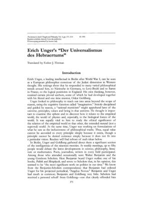 Erich Unger's "Der Universalismus Des Hebraertums"