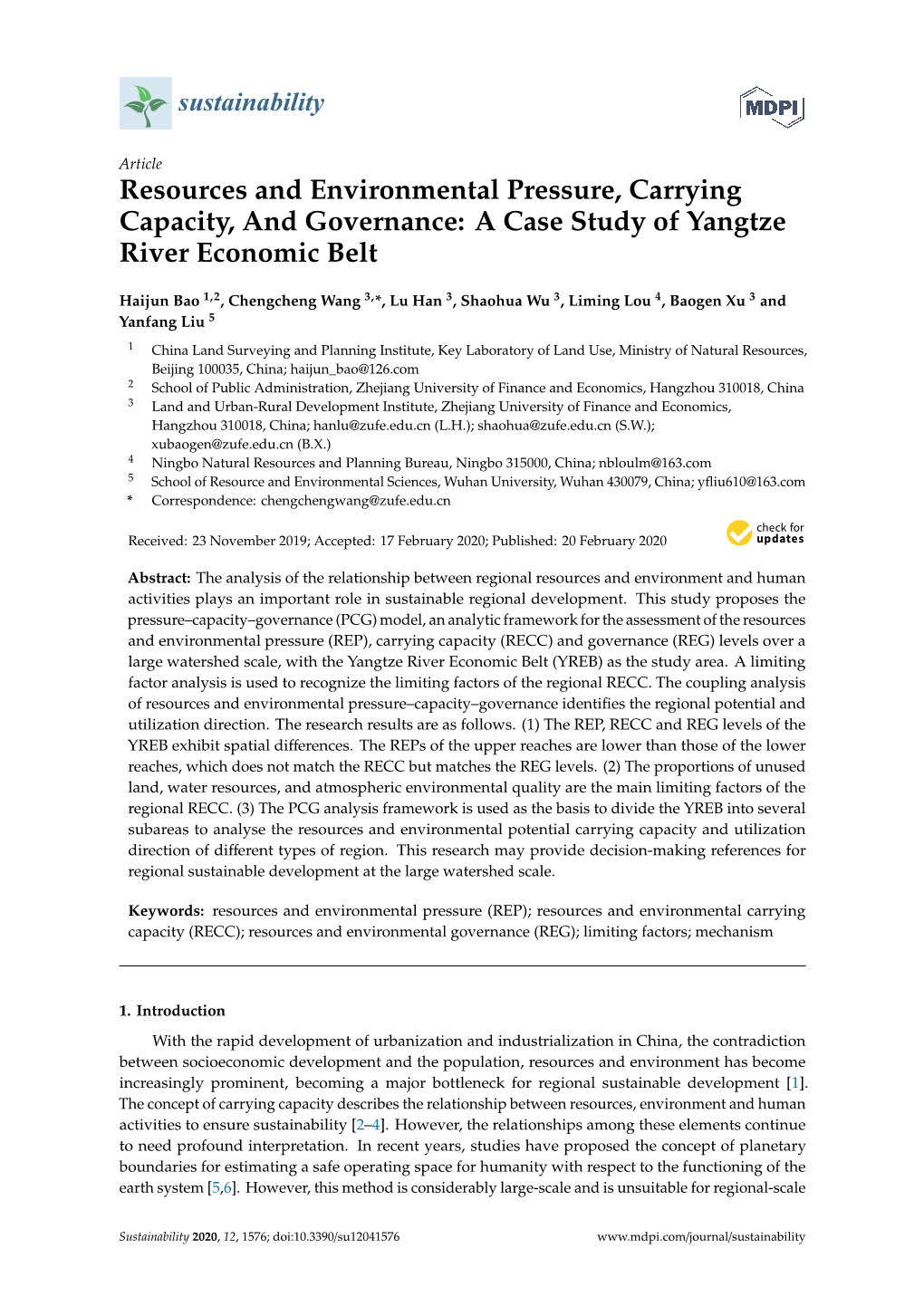 Resources and Environmental Pressure, Carrying Capacity, and Governance: a Case Study of Yangtze River Economic Belt