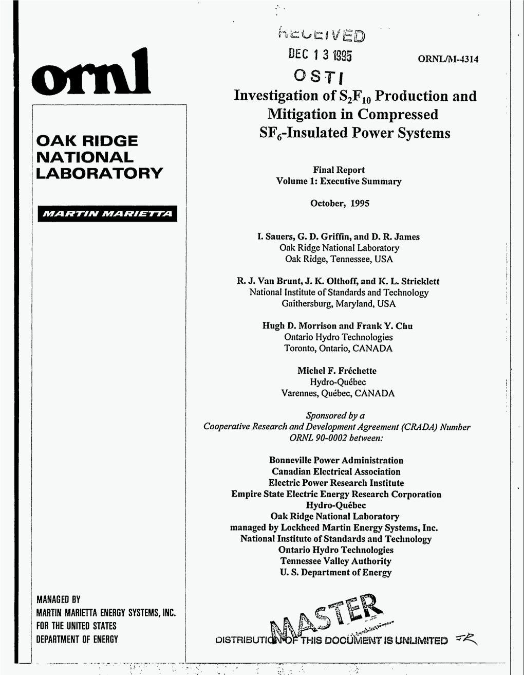 Insulated Power Systems OAK RIDGE NATIONAL LAB0RAT0 RY Final Report Volume 1: Executive Summary October, 1995