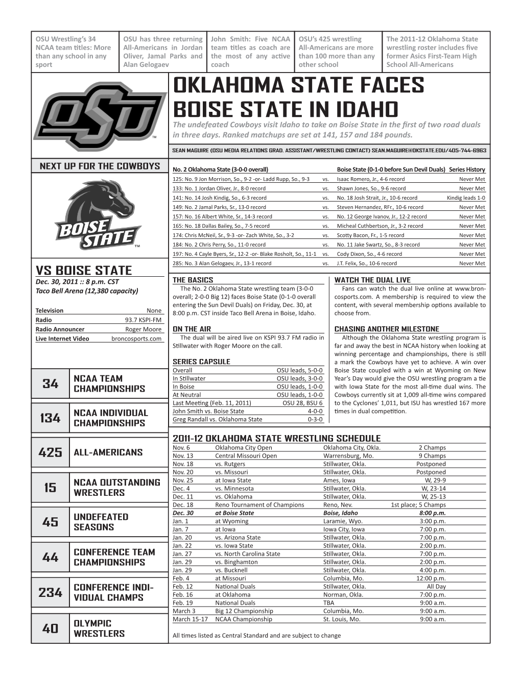 OKLAHOMA STATE FACES BOISE STATE in IDAHO the Undefeated Cowboys Visit Idaho to Take on Boise State in the First of Two Road Duals in Three Days