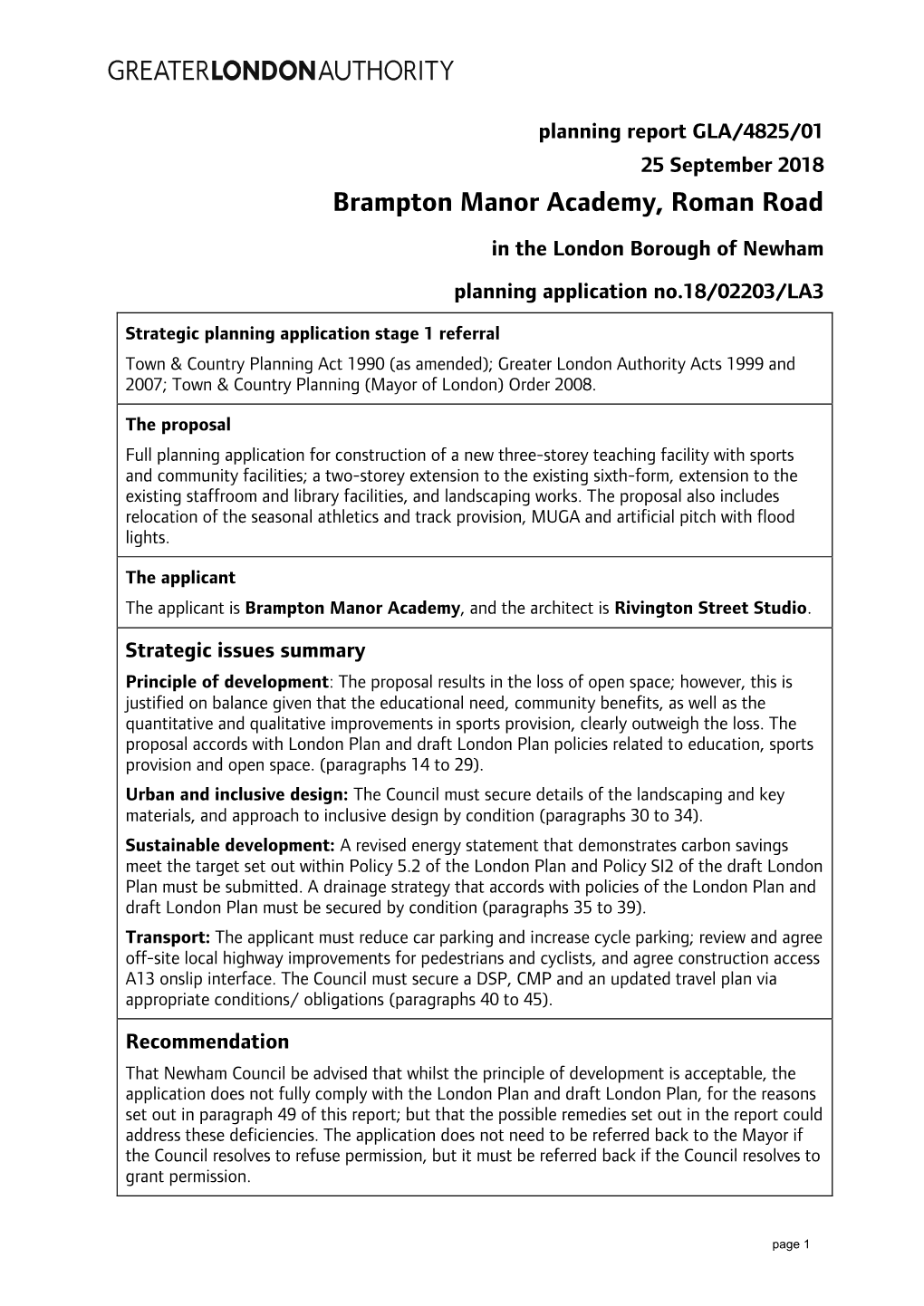 Brampton Manor Academy, Roman Road in the London Borough of Newham Planning Application No.18/02203/LA3