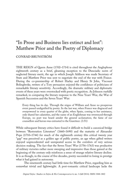 Matthew Prior and the Poetry of Diplomacy