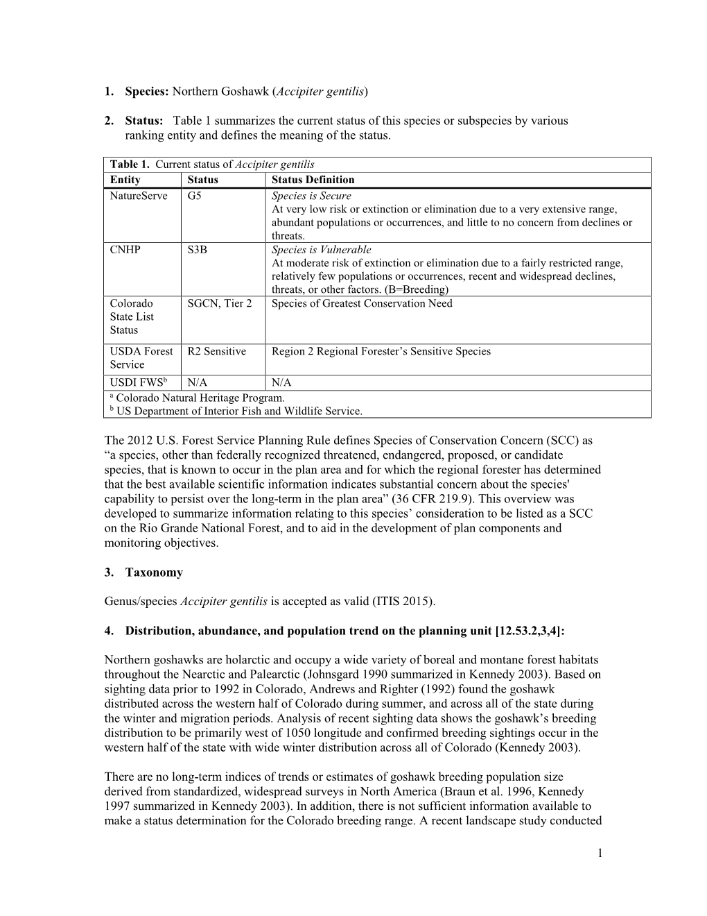 1 1. Species: Northern Goshawk (Accipiter Gentilis) 2. Status: Table 1