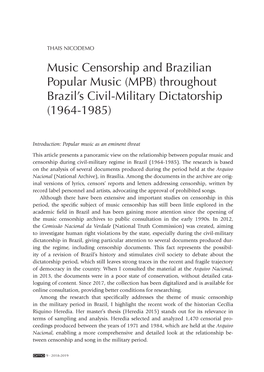 Music Censorship and Brazilian Popular Music (MPB) Throughout Brazil’S Civil-Military Dictatorship (1964-1985)