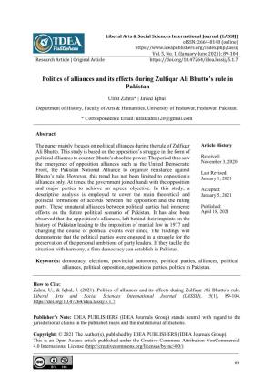 Politics of Alliances and Its Effects During Zulfiqar Ali Bhutto's Rule In