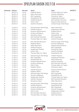 Spieltag Datum Uhrzeit Heim Gast SPORT1 1 08.09.17 19:30 Eisbären