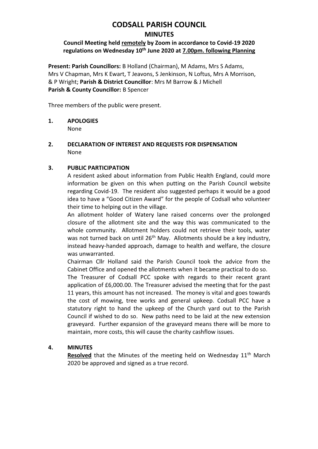 MINUTES Council Meeting Held Remotely by Zoom in Accordance to Covid-19 2020 Regulations on Wednesday 10Th June 2020 at 7.00Pm