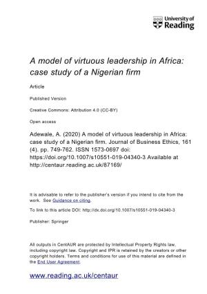 A Model of Virtuous Leadership in Africa: Case Study of a Nigerian Firm