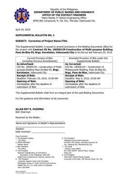 Republic of the Philippines DEPARTMENT of PUBLIC WORKS and HIGHWAYS OFFICE of the DISTRICT ENGINEER Metro Manila 3Rd District Engineering Office APDC-BAI Compound, R