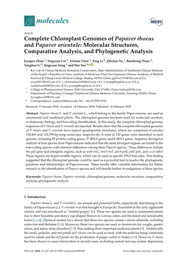 Complete Chloroplast Genomes of Papaver Rhoeas and Papaver Orientale: Molecular Structures, Comparative Analysis, and Phylogenetic Analysis