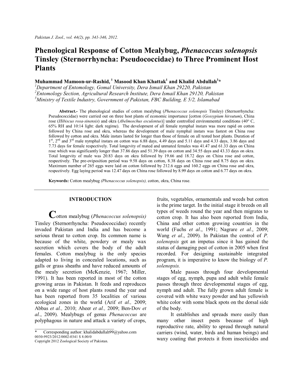 Phenological Response of Cotton Mealybug, Phenacoccus Solenopsis Tinsley (Sternorrhyncha: Pseudococcidae) to Three Prominent Host Plants