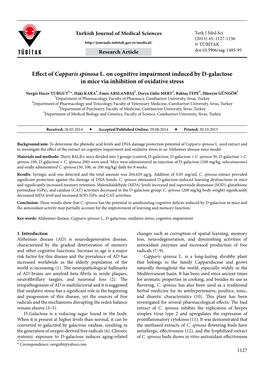 Effect of Capparis Spinosa L. on Cognitive Impairment Induced by D-Galactose in Mice Via Inhibition of Oxidative Stress