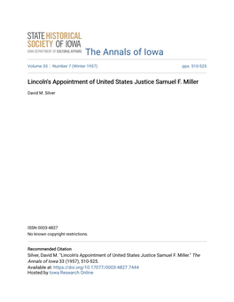 Lincoln's Appointment of United States Justice Samuel F. Miller