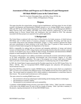 Assessment of Plans and Progress on US Bureau of Land Management Oil Shale RD&D Leases in the United States Peter M