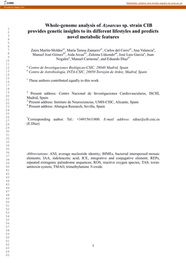 Whole-Genome Analysis of Azoarcus Sp. Strain CIB Provides Genetic