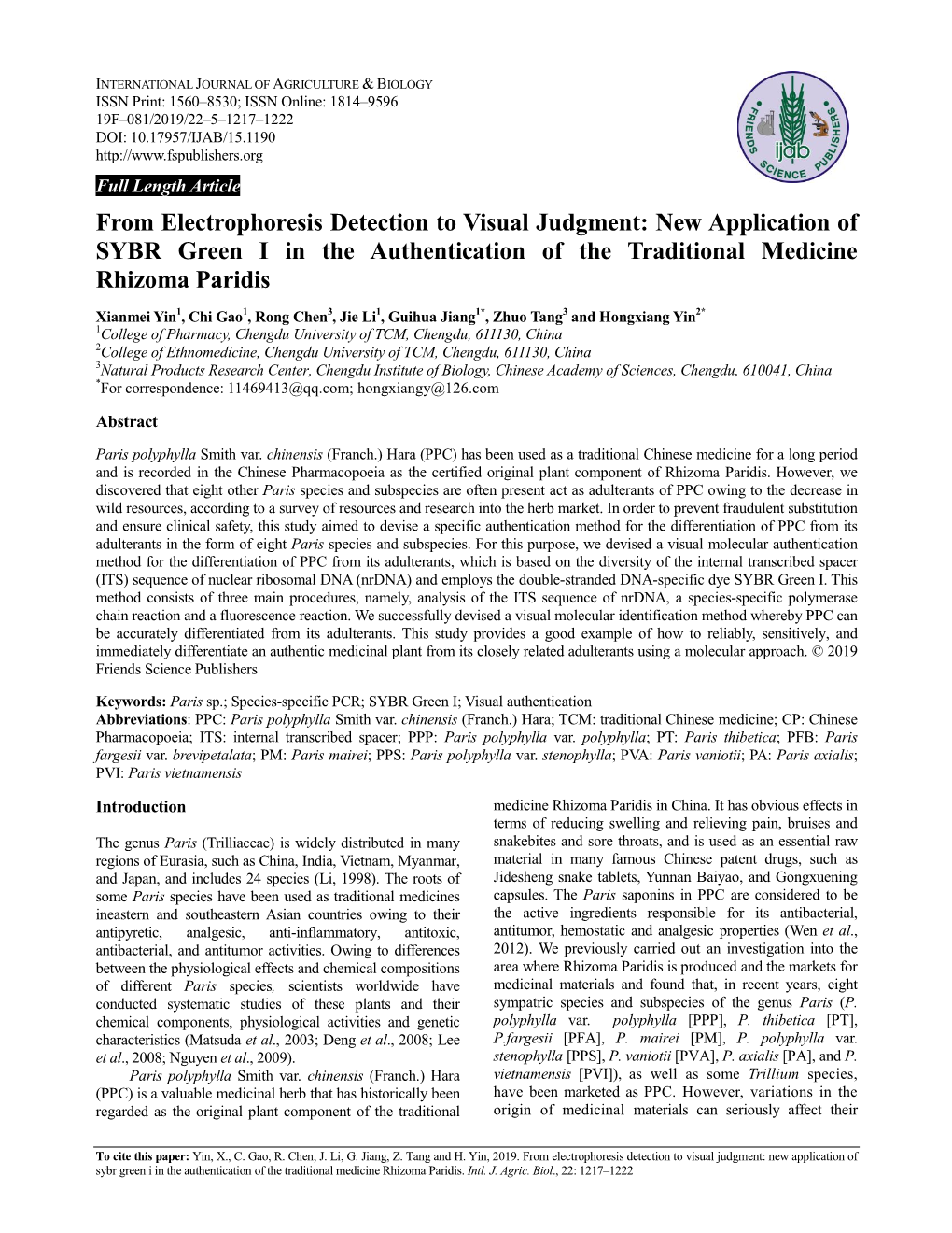 New Application of SYBR Green I in the Authentication of the Traditional Medicine Rhizoma Paridis