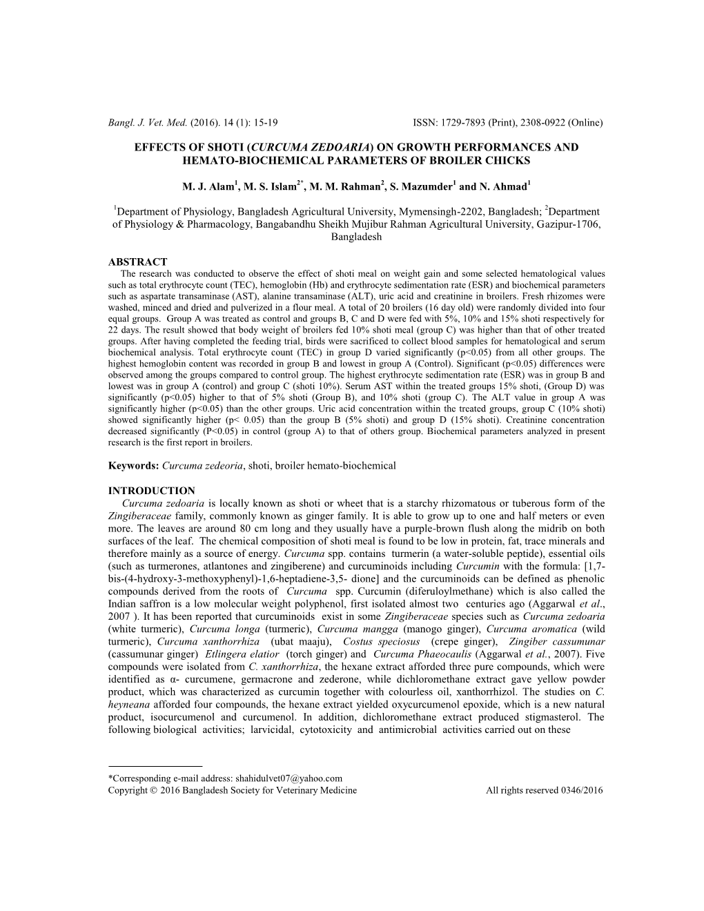 Curcuma Zedoaria) on Growth Performances and Hemato-Biochemical Parameters of Broiler Chicks