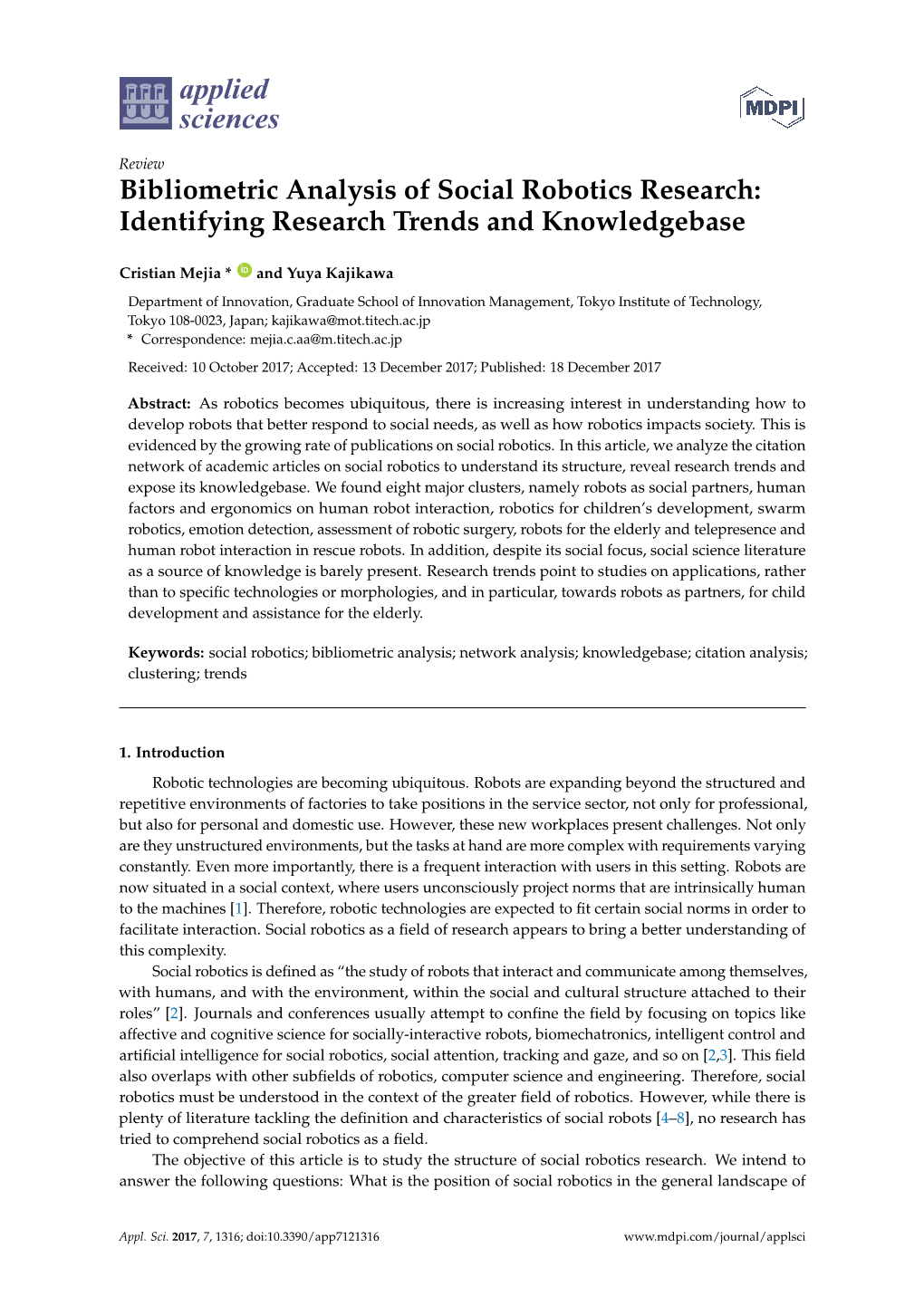 Bibliometric Analysis of Social Robotics Research: Identifying Research Trends and Knowledgebase