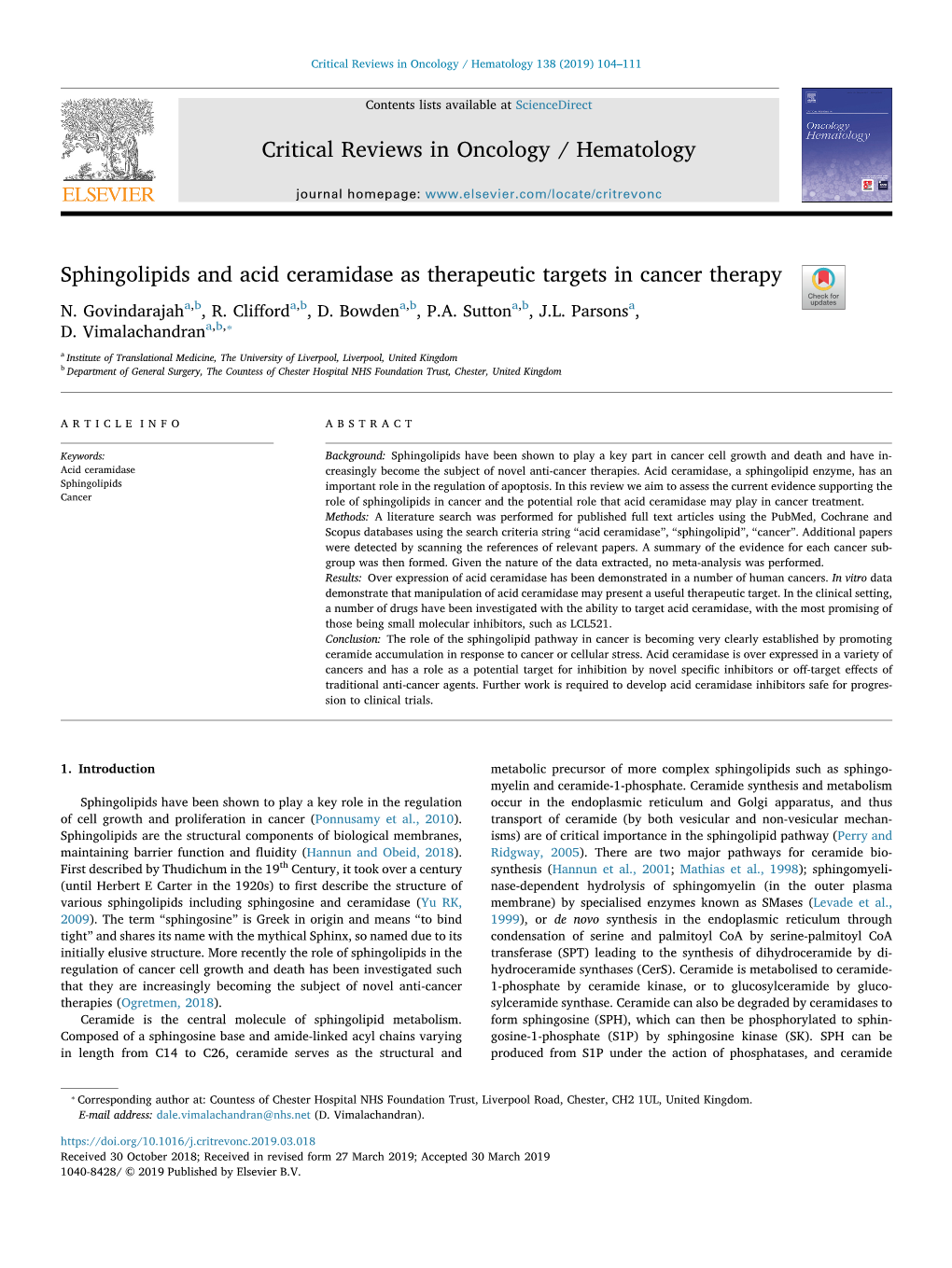 Sphingolipids and Acid Ceramidase As Therapeutic Targets in Cancer Therapy T N